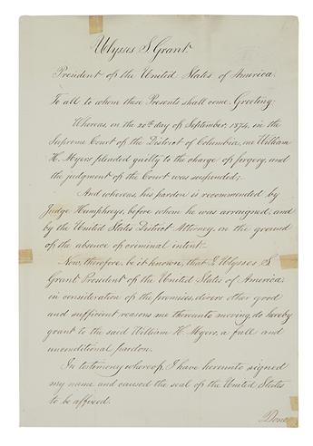 GRANT, ULYSSES S. Document Signed, as President, pardoning William H. Myers,